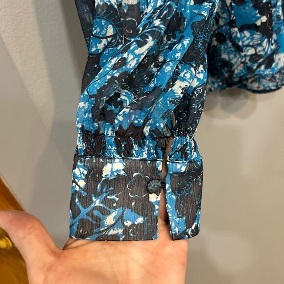 Anthropologie Sheer Printed peasant blue blouse size L - Picture 2 of 12